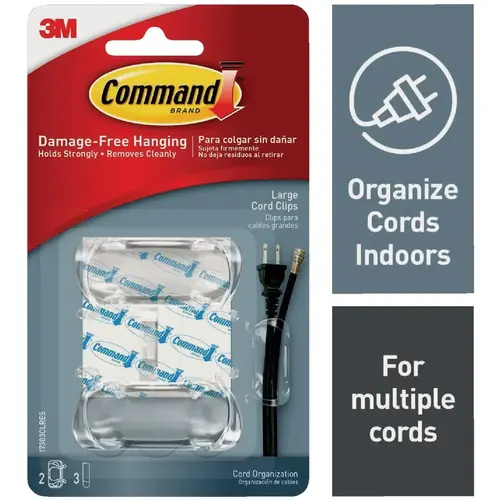 Command 17303CLRES Clear Large Cord Clips, 2 Clips, 3 Strips