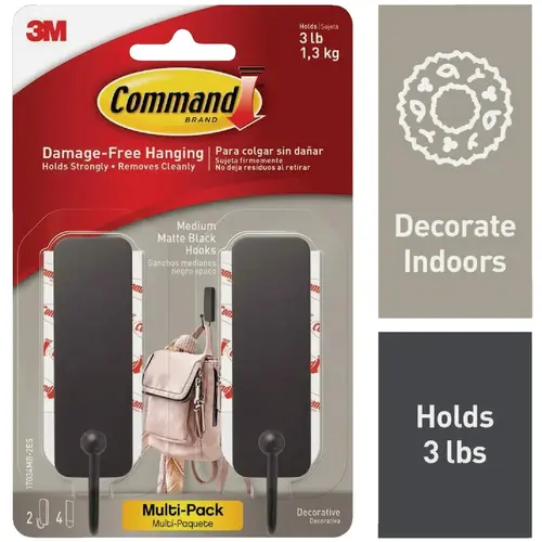 Medium Matte Black Decorative Hook, 2 Hooks, 4 Strips