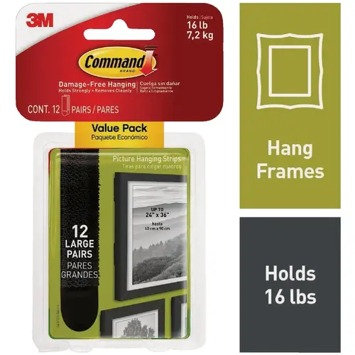 Command 17206BLK-12ES 16 Lb. Black Picture Hanging Strips Value Pack, 12 Sets of Strips