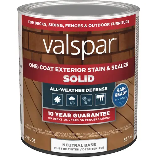 Valspar One-Coat Stain and Sealer, Solid, Neutral Base, Liquid, 1 qt