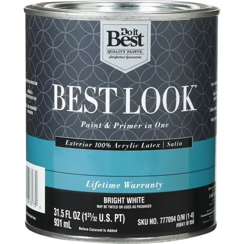 Do it Best HW41W0950-14 Best Look 100% Acrylic Latex Premium Paint & Primer In One Satin Exterior House Paint, Bright White, 1 Qt.