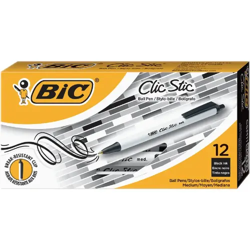 BIC CSM11BK Clic Stic Medium Point Black Retractable Ball Pen - pack of 12