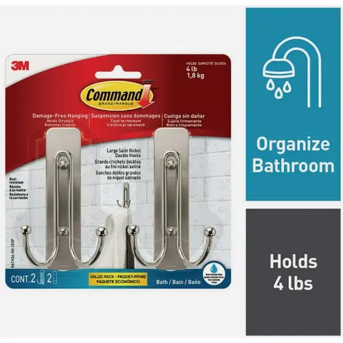 Command BATH36-SN-2ESF Large Double Bath Hook, Satin Nickel, 2 Hooks, 2 Strips