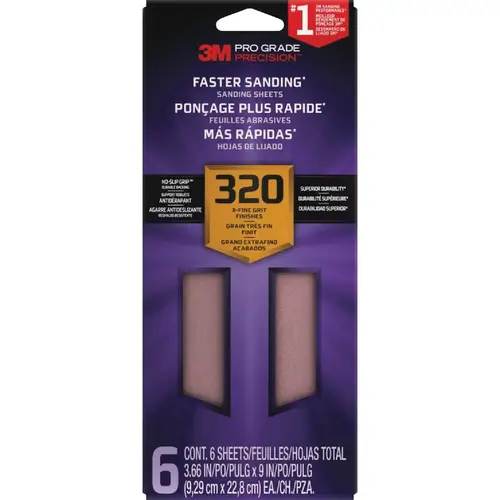Pro Grade Precision 3-2/3 In. x 9 In. 320 Grit 1/3 Sheet Sandpaper with No-Slip Grip Backing - pack of 6