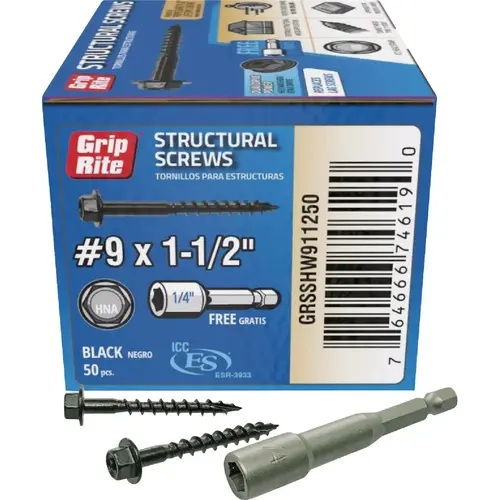 Grip-Rite GRSSHW911250 Grip-Rite PrimeGuard Plus #9 x 1.5 In. Hex Washer Head Structural Screw (50-Count) Black
