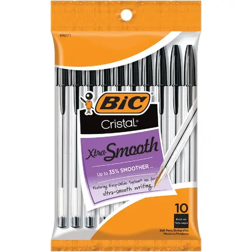 BIC MSP10-BLK Cristal Medium Point Black Ball Pen - pack of 10