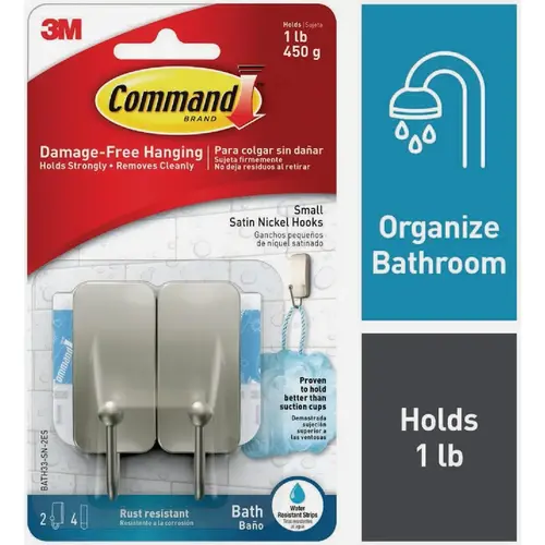 Command BATH33-SN-2ES Small Bath Hook, 1 lb, Metal, Silver, Satin Nickel