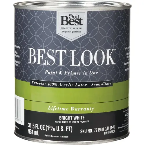 Do it Best HW40W0950-14 Best Look 100% Acrylic Latex Premium Paint & Primer In One Semi-Gloss Exterior House Paint, Bright White, 1 Qt.