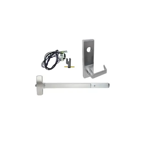 KIT - RX Request to Exit, Rim Exit Device, Escutcheon x Quantum Lever Nightlatch Trim 510L-NL, 48", Hex Dogging, RHR Right Hand Reverse/Reversible Handing, 299 Strike, Grade 1, US26D/626 Satin Chrome