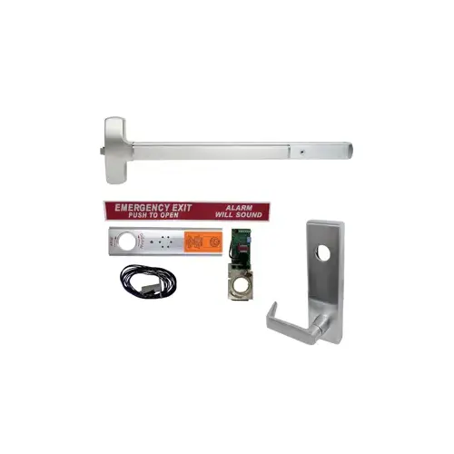 KIT - Exit Alarm, Fire Rated Rim Exit Device, Escutcheon x Quantum Lever Nightlatch Trim 510L-NL, 36", Less Dogging, LHR Left Hand Reverse/Reversible, Grade 1, US26D/626 Satin Chrome