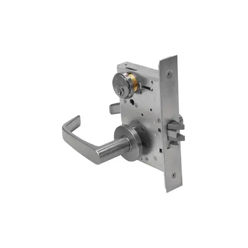 KIT - Entrance or Public Restroom Mortise Lock, Lustra Lever with A Rose Trim, 2 Each Standard 1-1/8 Mortise Cylinders, A01 Clover Cam Outside, A02 Standard Yale Style Cam Inside, L4 Keyway 0-Bit, Handing is Field Reversible, ANSI Strike SS118, 626/US26D Satin Chrome