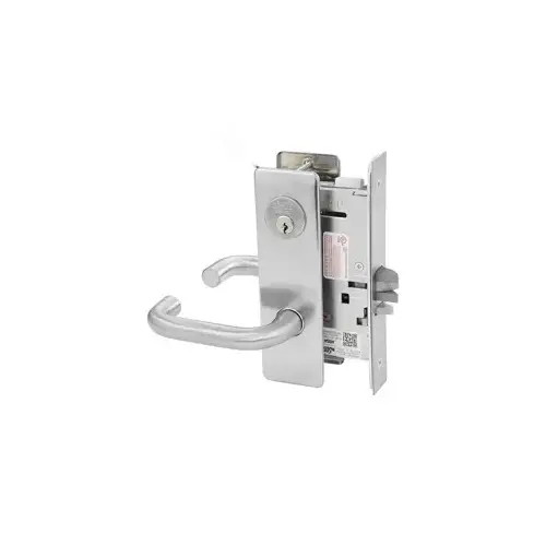 KIT - Entrance or Public Restroom Mortise Lock, Lustra Lever with M Escutcheon Trim, 2 Each Standard 1-1/8 Mortise Cylinders, A01 Clover Cam Outside, A02 Standard Yale Style Cam Inside, L4 Keyway 0-Bit, Handing is Field Reversible, ANSI Strike SS118, 626/US26D Satin Chrome