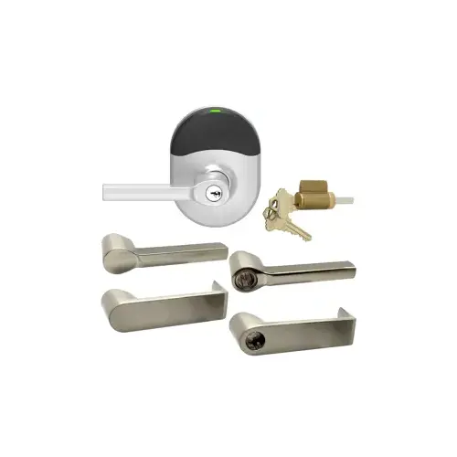 KIT - Mobile Enabled Wireless Cylindrical Lock, 125khz Proximity, 13.56MHz Smart, 2.4GHz Bluetooth Low Energy Reader, Key-in-Lever, Less Cylinder, Rhodes Lever, 5000 Users, 2000 Audits, 2-3/4" Backset, ANSI Strike, Grade 1, 619/US15 Satin Nickel