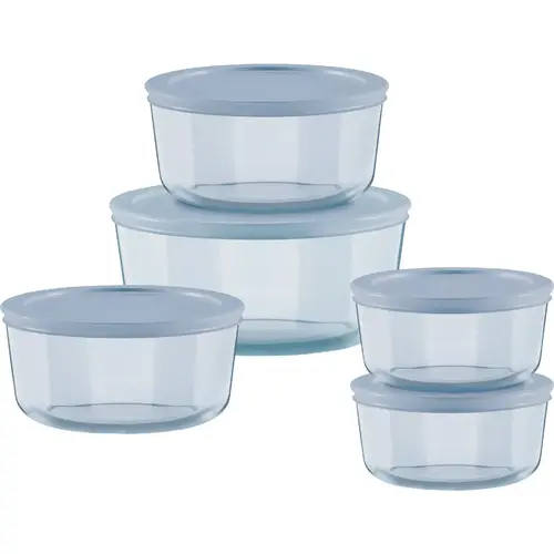 Pyrex 1149600 Simply Store Tinted Blue Round Storage Set with Blue Plastic Lids (10-Piece)