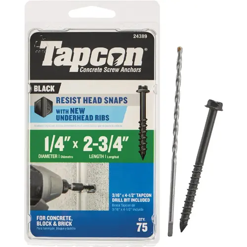 Tapcon 24389 1/4 In. x 2-3/4 In. Black Hex Washer Concrete Screw Anchor (75 Ct.)