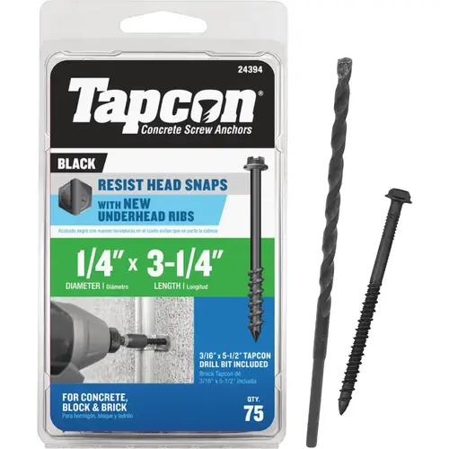 Tapcon 24394 1/4 In. x 3-1/4 In. Black Hex Washer Concrete Screw Anchor (75 Ct.)