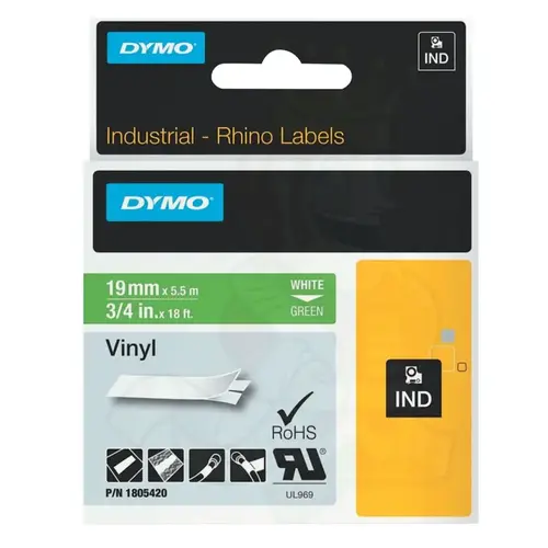 Dymo 1805420 Industrial Rhino  Vinyl Label Cartridge, 3/4 in W x 18 ft L, White Print on Green Background