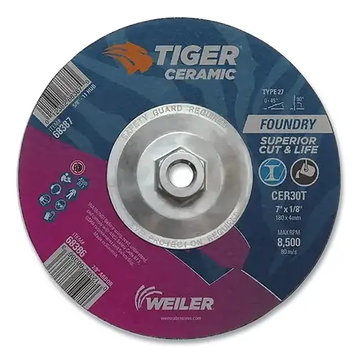 Tiger 68387 Tiger  Grinding Wheel, Combo, 7 in dia x 1/8 in Thick x 5/8 in-11 Arbor, 30 Grit, Ceramic Alumina, Type 27, 10 EA/BX Black - pack of 10