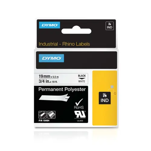 Dymo 18484 Industrial Rhino  Permanent Polyester Label Cartridge, 3/4 in W x 18 ft L, Black Print on White Background