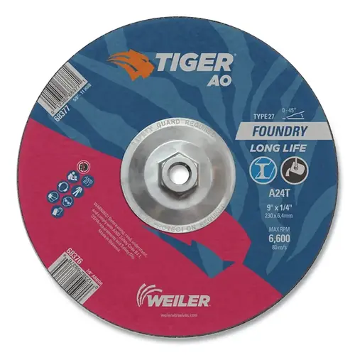 Tiger 68377 Tiger  Grinding Wheel, 9 in dia x 1/4 in Thick x 5/8 in-11 Arbor, 24 Grit, Aluminum Oxide, Type 27, 10 EA/BX Black - pack of 10