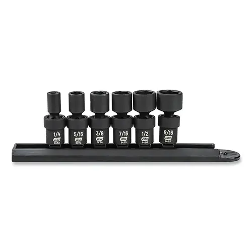 Impact Socket Set, 1/4 in Dr, 6-point, SAE, 1/4 in to 9/16 in, 6-Pc Standard Length, Incl Metal Rail