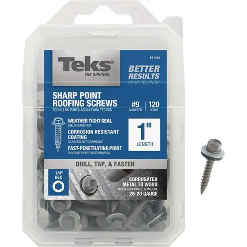 Teks 21400 #9 x 1 In. Hex Washer Head Sharp Point Metal to Wood Roofing Screw (120 Ct.)