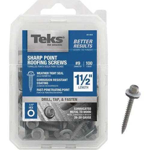 Teks 21404 #9 x 1-1/2 In. Hex Washer Head Sharp Point Metal to Wood Roofing Screw (100 Ct.)