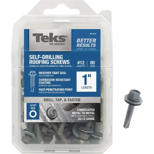 Teks 21412 #12 x 1 In. Hex Washer Head Sharp Point Metal to Wood Roofing Screw (80 Ct.)