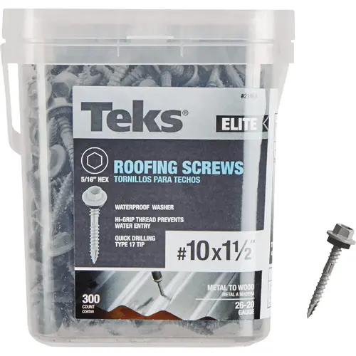 Teks 21453 Elite #10 x 1-1/2 In. Hex Washer Head Sharp Point Metal to Wood Roofing Screw (300 Ct.)