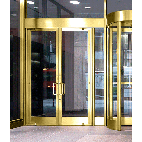 Balancer Satin Brass Aluminum Wide Stile Door for 1/4" Glazing; 5-1/2" Top Rail; 9-1/2" Bottom Rail; Exposed Hinge Tube Double Doors; With Panic