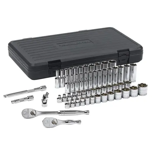 Mechanic Tool Set, 57-Pc 3/8 in Drive, SAE/Metric, 6 Point