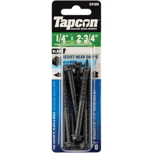 Tapcon 24189 1/4 In. x 2-3/4 In. Black Hex Washer Head Concrete Screw Anchors (8 Ct.)