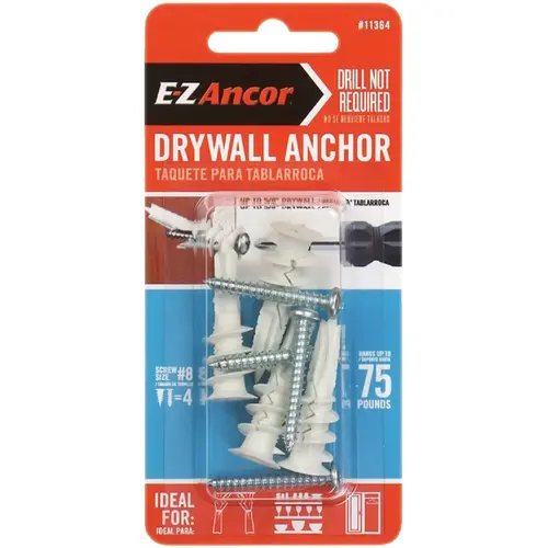 E-Z Ancor 11364 Twist-N-Lock #8 x 1-1/4 In. 75 Lbs. Drywall Anchor (4 Ct.) White