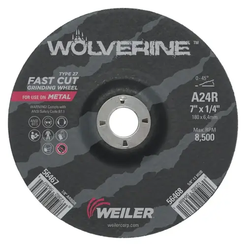 Weiler 56467 Wolverine  Grinding Wheel, 7 in dia x 7/8 in Arbor x 1/4 in Thick, AO, 24R Black
