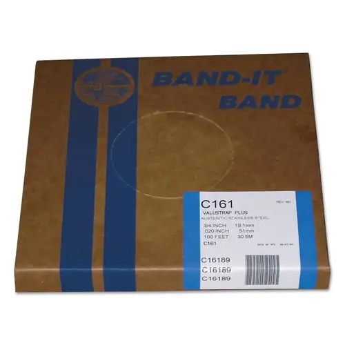 Band-It C16189 Valustrap Plus Strappings, 3/4 in x 100 ft, 0.02 in Thick, Stainless Steel