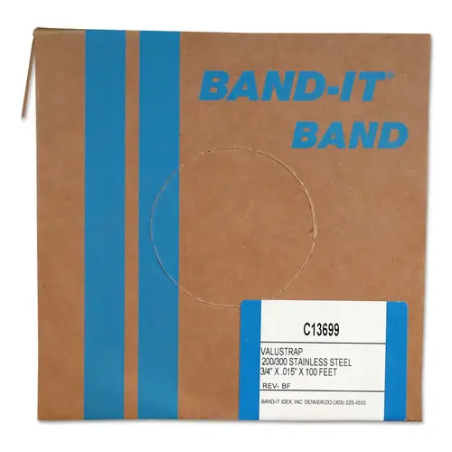 Band-It C13699 Valustrap Strappings, 3/4 in x 100 ft, 0.015 in Thick, Stainless Steel