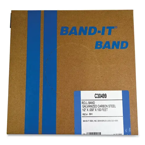 Band-It C30499 Bands, 1/2 in, 100 ft, 0.03 in, Galvanized Carbon Steel