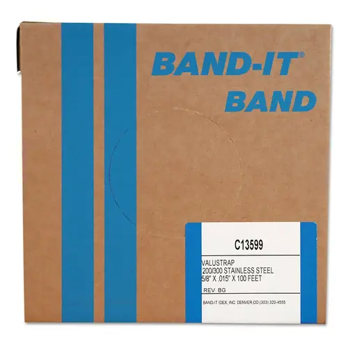 Band-It C13599 Valustrap Strappings, 5/8 in x 100 ft, 0.015 in Thick, Stainless Steel