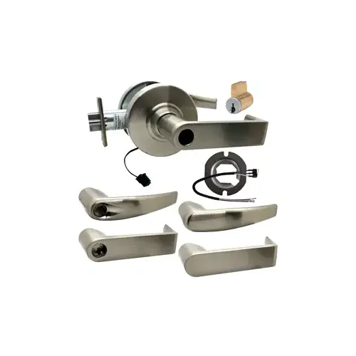 KIT - Grade 1 Electric Lock/Unlock (EL/EU), Storeroom, Cylindrical Lock, Athens Lever, 12/24VDC, RX (Request to Exit) Switch, Key-in-Lever Schlage Keyway, C145 Keyway (0-Bitted Brushed Chrome Cylinder 626), 2-3/4" Backset, UL, ANSI Strike, 619/US15 Satin Nickel