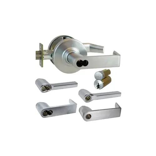 KIT - Grade 1 Vandlgard Corridor Latitude Lever, FSIC Prep, Schlage Large Format C123 Keyway Core (1-Bitted Brushed Chrome Core 626), 2-3/4" Backset, UL, ANSI Strike, Satin Chrome 626, US26D