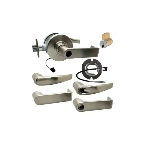 KIT - Grade 1 Electric Lock/Unlock (EL/EU), Storeroom, Cylindrical Lock, Athens Lever, 12/24VDC, RX (Request to Exit) Switch, Key-in-Lever Schlage Keyway, C Keyway (0-Bitted Brushed Chrome Cylinder 626), 2-3/4" Backset, UL, ANSI Strike, 619/US15 Satin Nickel