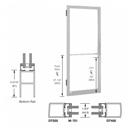 Clear Anodized 250 Series Narrow Stile Inactive Leaf of Pair 3'0 x 7'0 Offset Hung with Butt Hinges for Surf Mount Closer Complete Door Std. MS Lock and Std. Bottom Rail