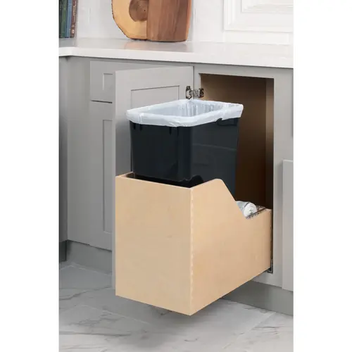 Single 50 Quart Wood Bottom-Mount Soft-close Trashcan Rollout for Hinged Doors, Includes One Black Can