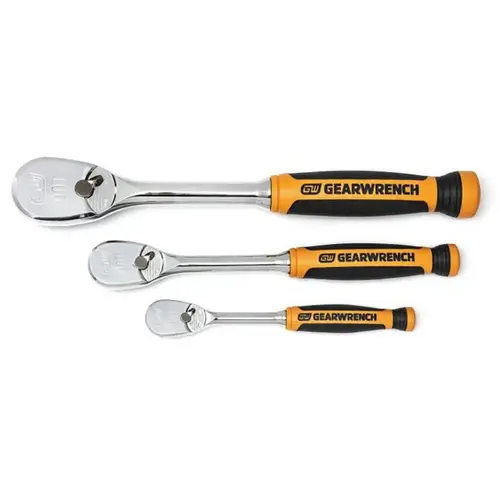 GEARWRENCH 81207T-XCP1 90T Ratchet, Tear Drop, 1/4 in, 3/8 in, and 1/2 in Drive, Alloy Steel, Polish Chrome/Cushion Grip, 3-Pc Standard Handle Set