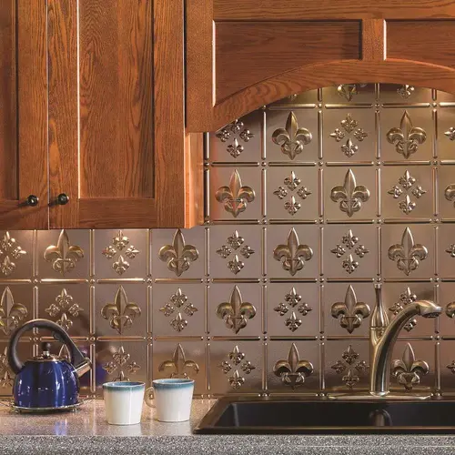 Fasade B66-29 Fasade 18.25 in. x 24.25 in. Brushed Nickel Fleur de Lis PVC Decorative Tile Backsplash