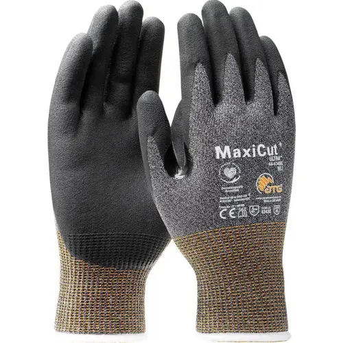 ATG 44-5745E/S Cut & Puncture Resistant Gloves; Coating Material: Micro-Foam Nitrile ; Coating Coverage: Palm & Fingers ; Glove Type: Cut-Resistant ; ANSI/ISEA Cut Resistance Level: A5 ; Primary Material: Engineered Yarn ; ANSI/ISEA Abrasion Resistance Level: 4