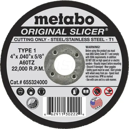 Metabo 655324000 Cut-Off Wheel: Type 1 (01/41), 4" Dia, Aluminum Oxide
