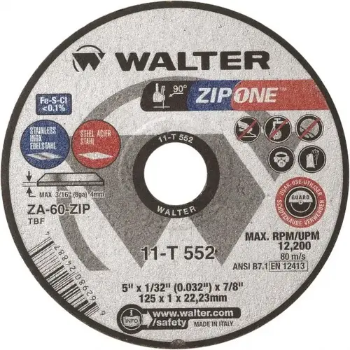 WALTER Surface Technologies 11T552-XCP25 Cut-Off Wheel: Type 1, 5" Dia, 1/32" Thick, 7/8" Hole, Zirconia Alumina - pack of 25