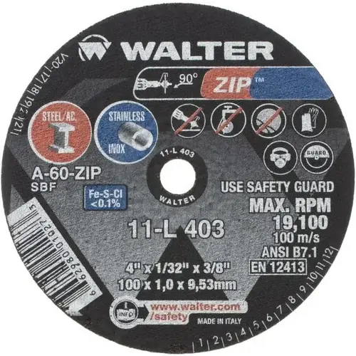 WALTER Surface Technologies 11L403-XCP25 Cut-Off Wheel: Type 1, 4" Dia, 1/32" Thick, 3/8" Hole, Aluminum Oxide - pack of 25