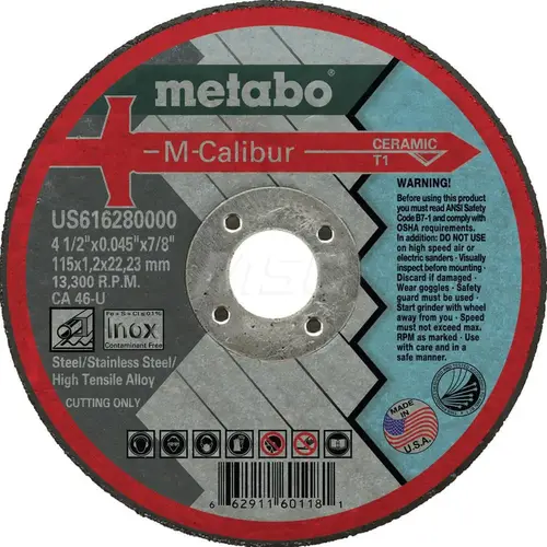 Metabo US616280000 Cutoff Wheel: Type 1, 4-1/2" Dia, 0.045" Thick, 7/8" Hole, Ceramic